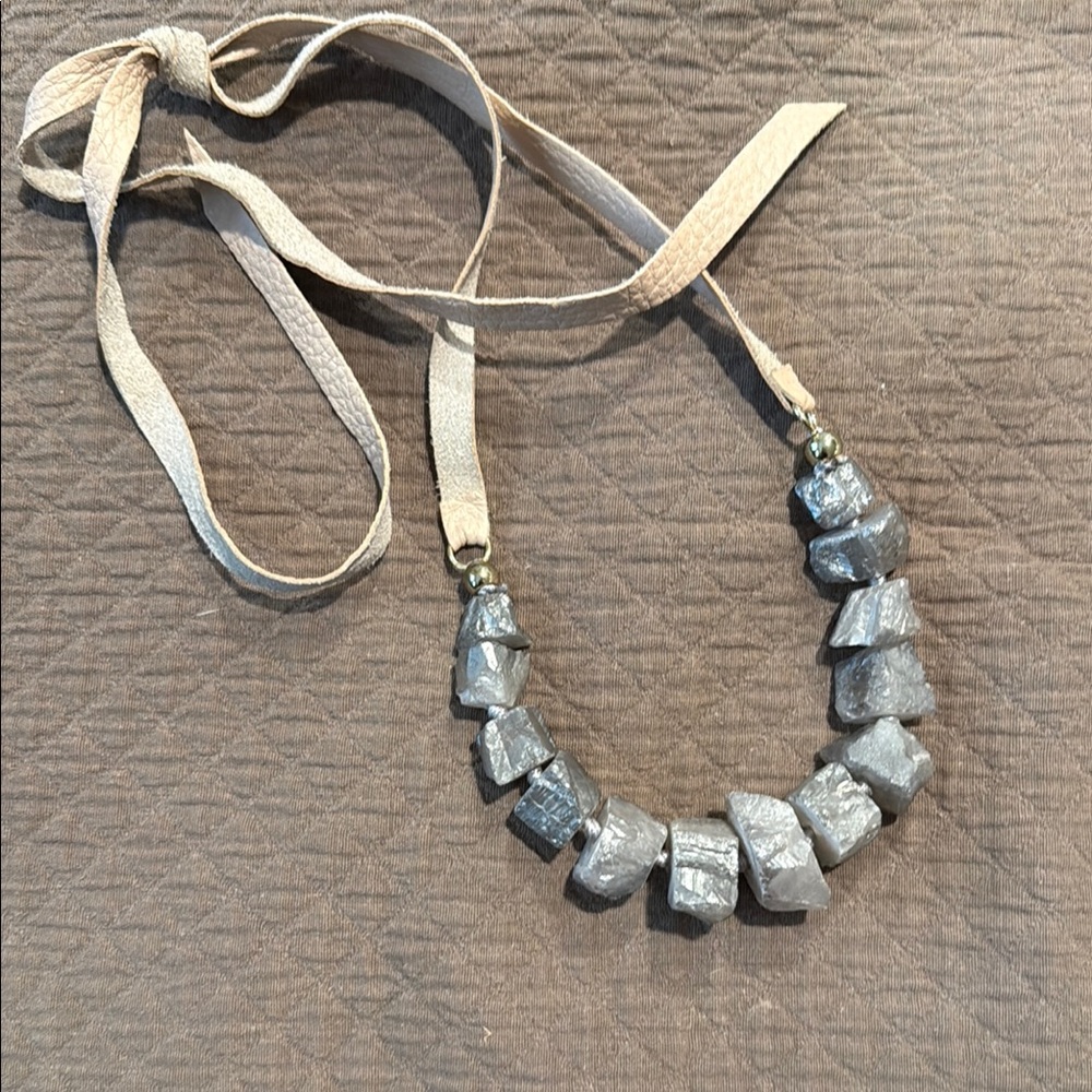 Chunky Gray Stone Necklace with Tan Cord